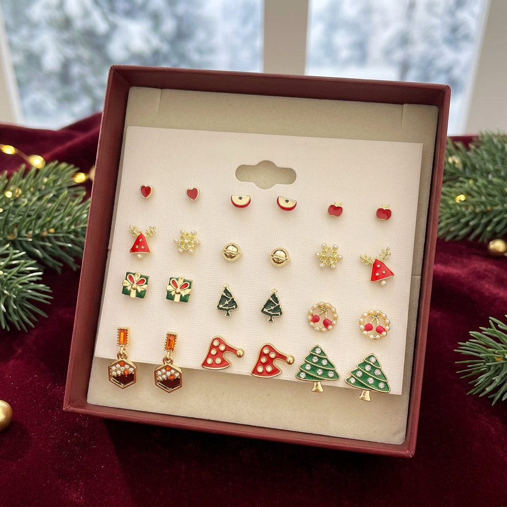 Christmas earring set in burgundy holiday gift styling