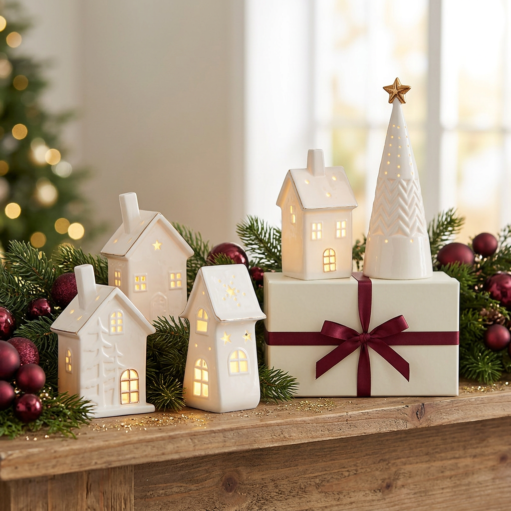 Christmas village styled on a holiday mantel