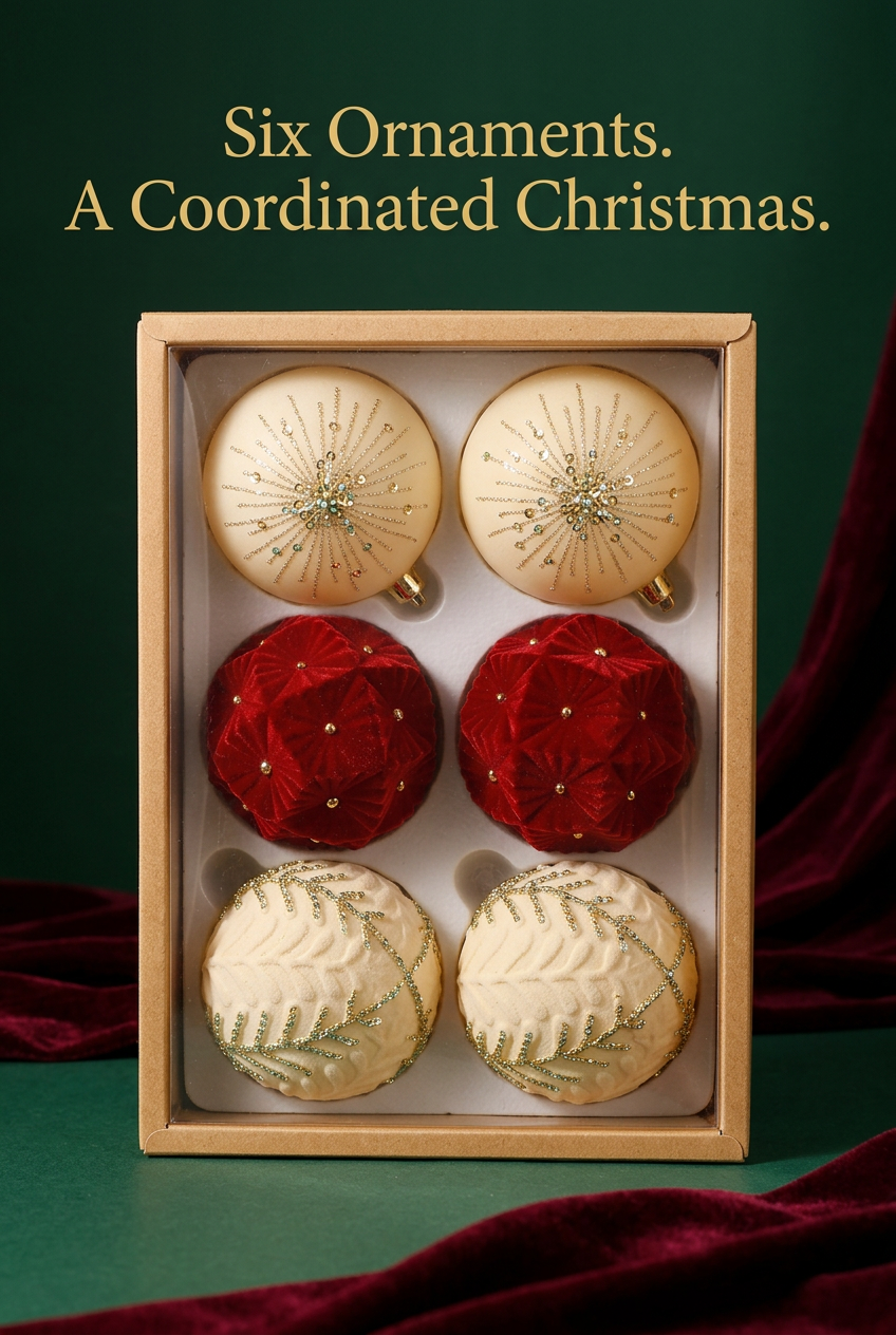 Six-piece ornament set contents in plain kraft packaging