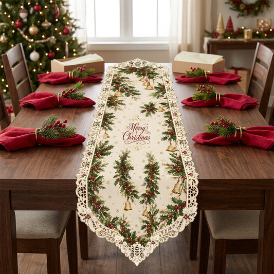 Ivory holly and golden bells Christmas table runner styled on a festive dining table