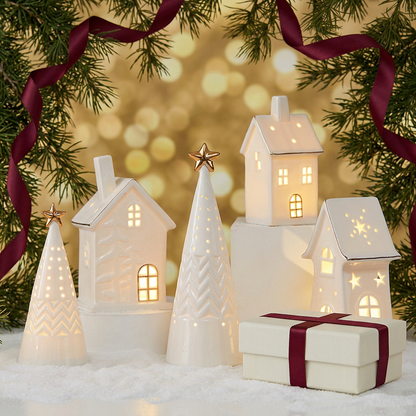 Ivory Christmas village houses and gold-star trees in a festive setting