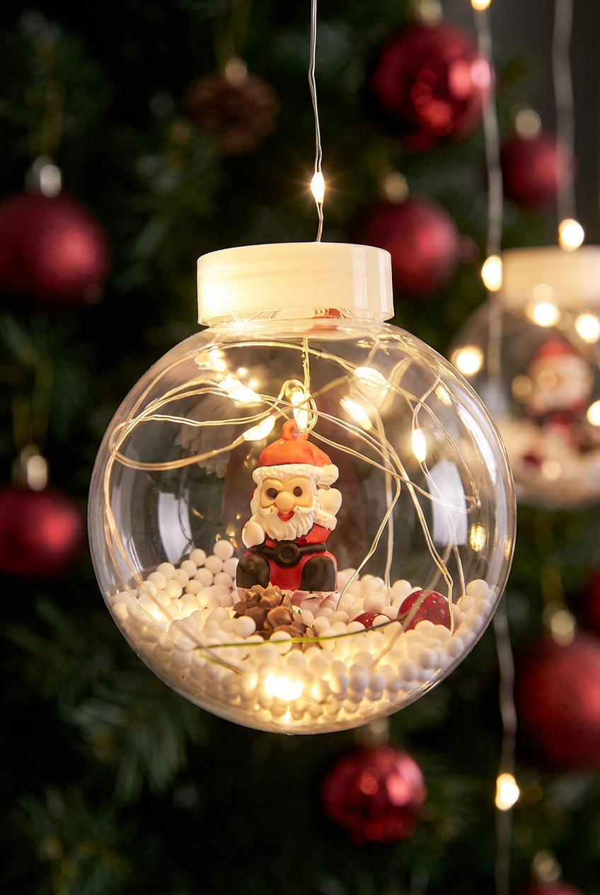 Detail of warm-white fairy lights inside a Santa globe