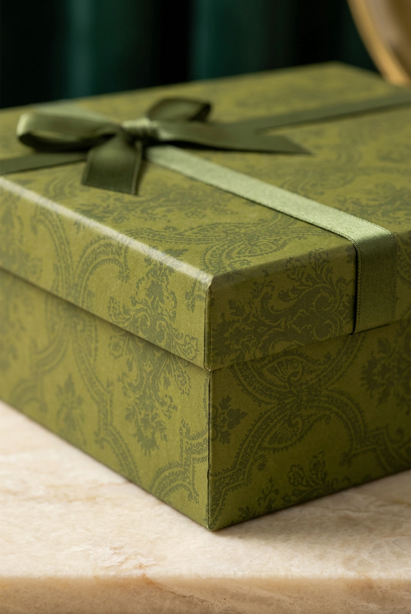 Botanical damask pattern and lid corner detail of olive-green gift box