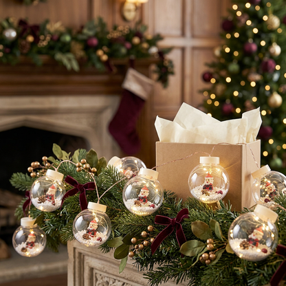 Christmas globe garland styled beside festive mantel decorations