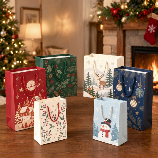 Christmas Stories Gift Bag Set with Rope Handles – Colorful Holiday Gift Packaging with Snowy Village, Woodland Deer, Holly, Ornament & Snowman Designs