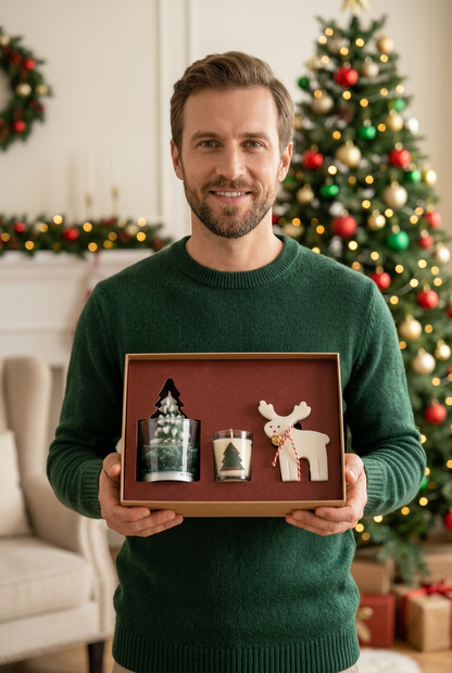 Man holding Christmas candle gift set