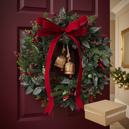 Red bow Christmas wreath styled on a burgundy door