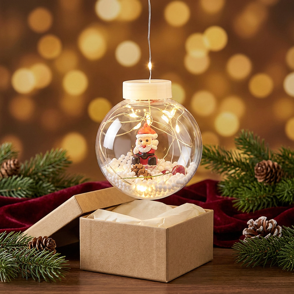 Warm-white Santa globe lights with burgundy and gold holiday decor