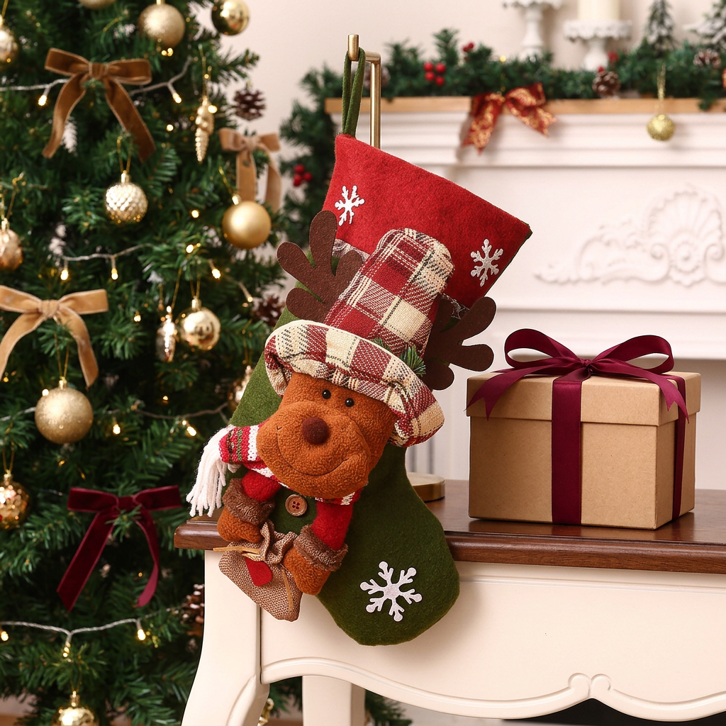 Reindeer stocking displayed beside a Christmas tree