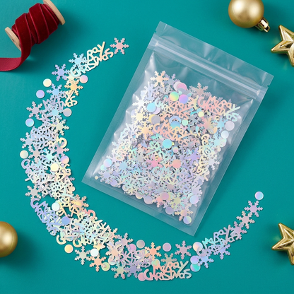 Iridescent Christmas confetti in a clear unbranded pouch on a teal background