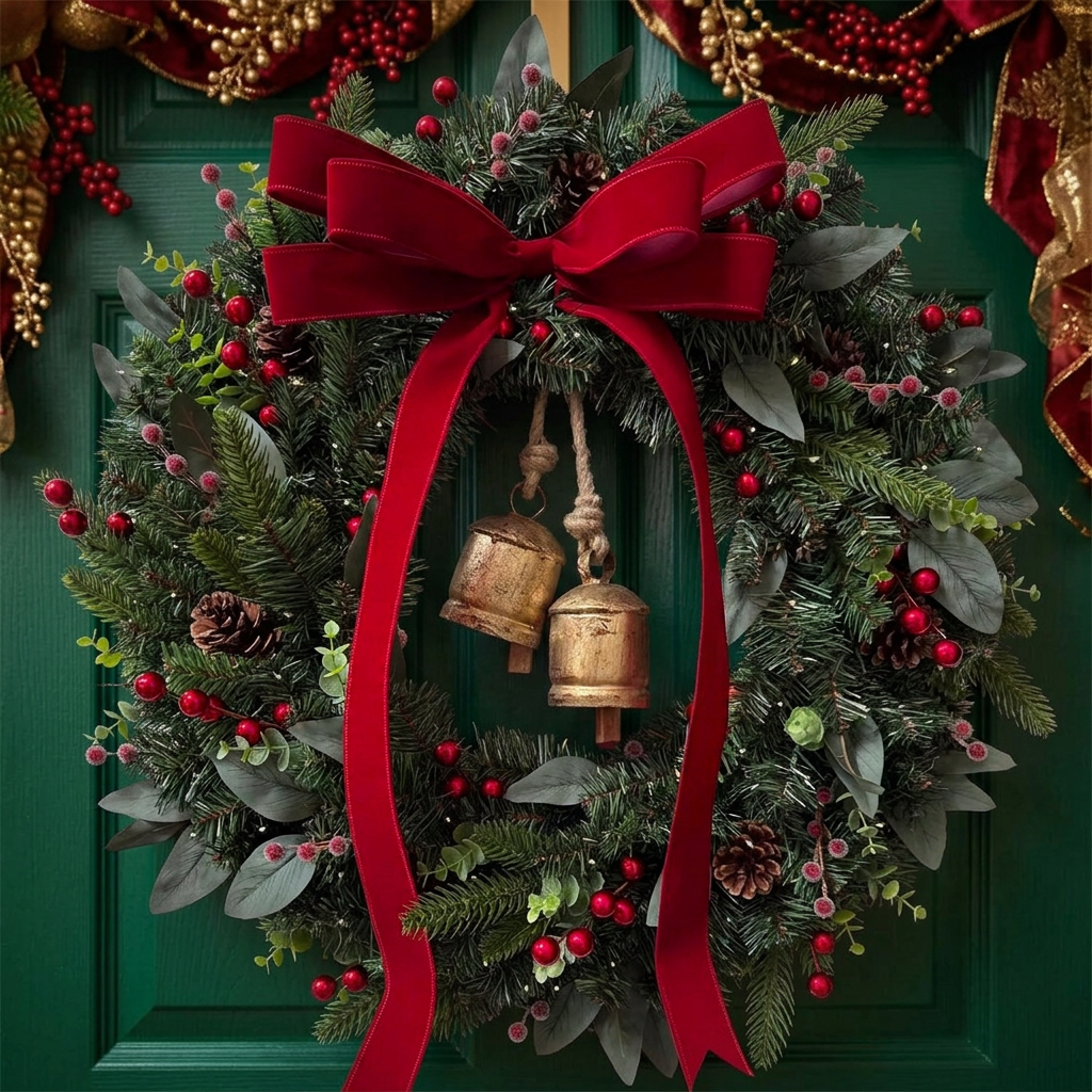 Christmas wreath with crimson bow and two golden bells on an emerald door