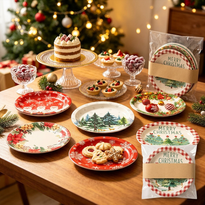 Christmas paper plates on a holiday dessert buffet