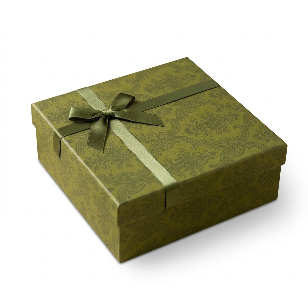 Olive-green square soap gift box with satin ribbon on a white background