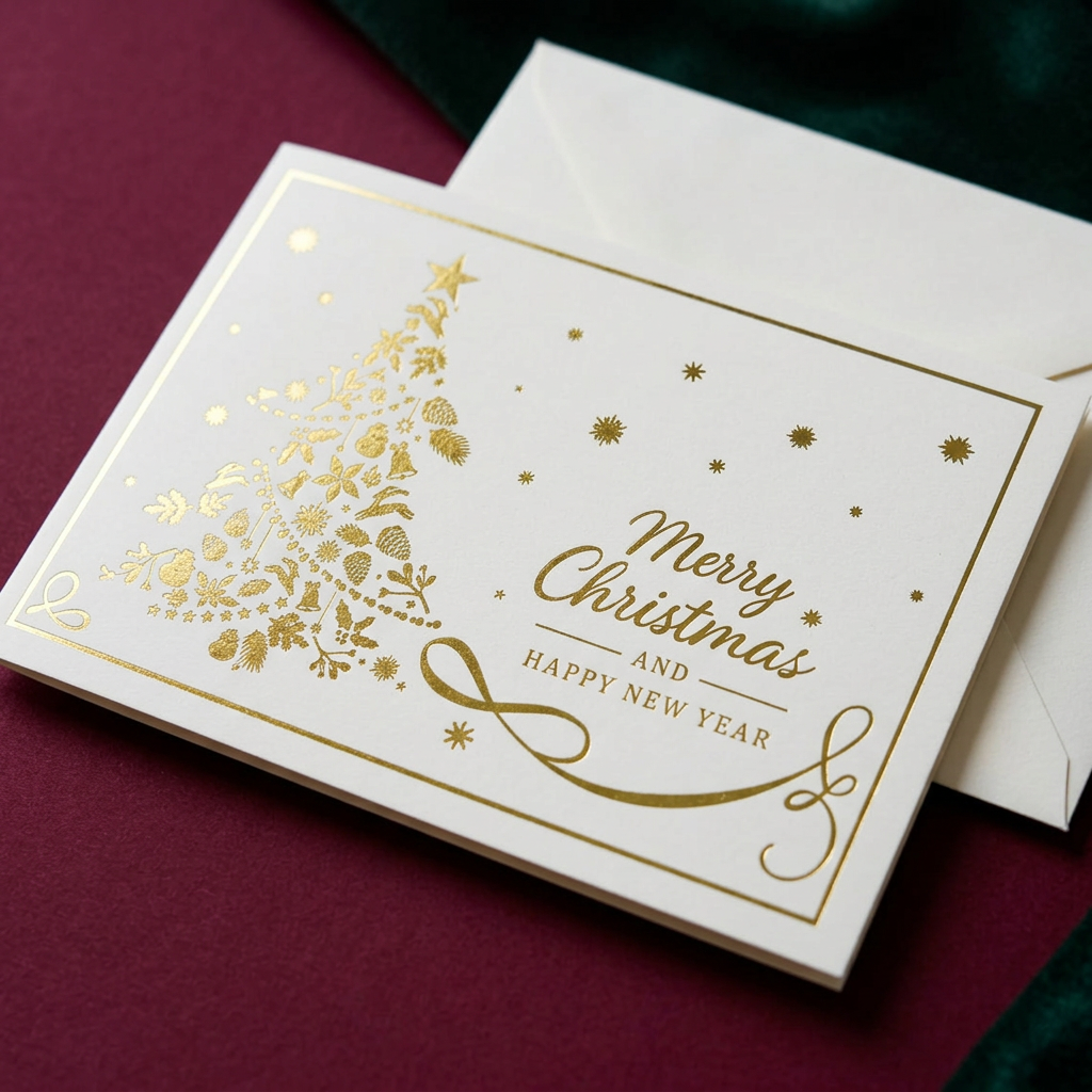 Gold botanical Christmas tree illustration and seasonal greeting on ivory cover