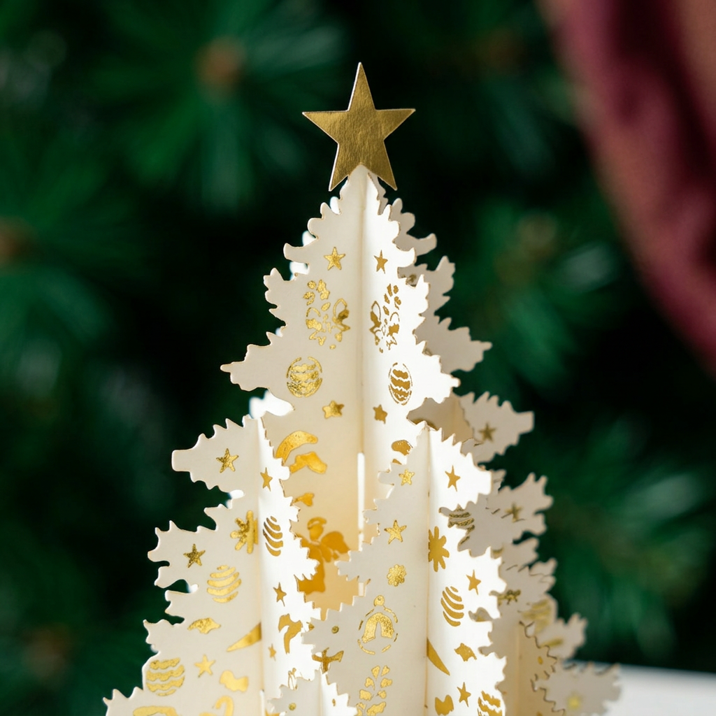 Close-up of the gold star topper and intricate ivory paper tree branches