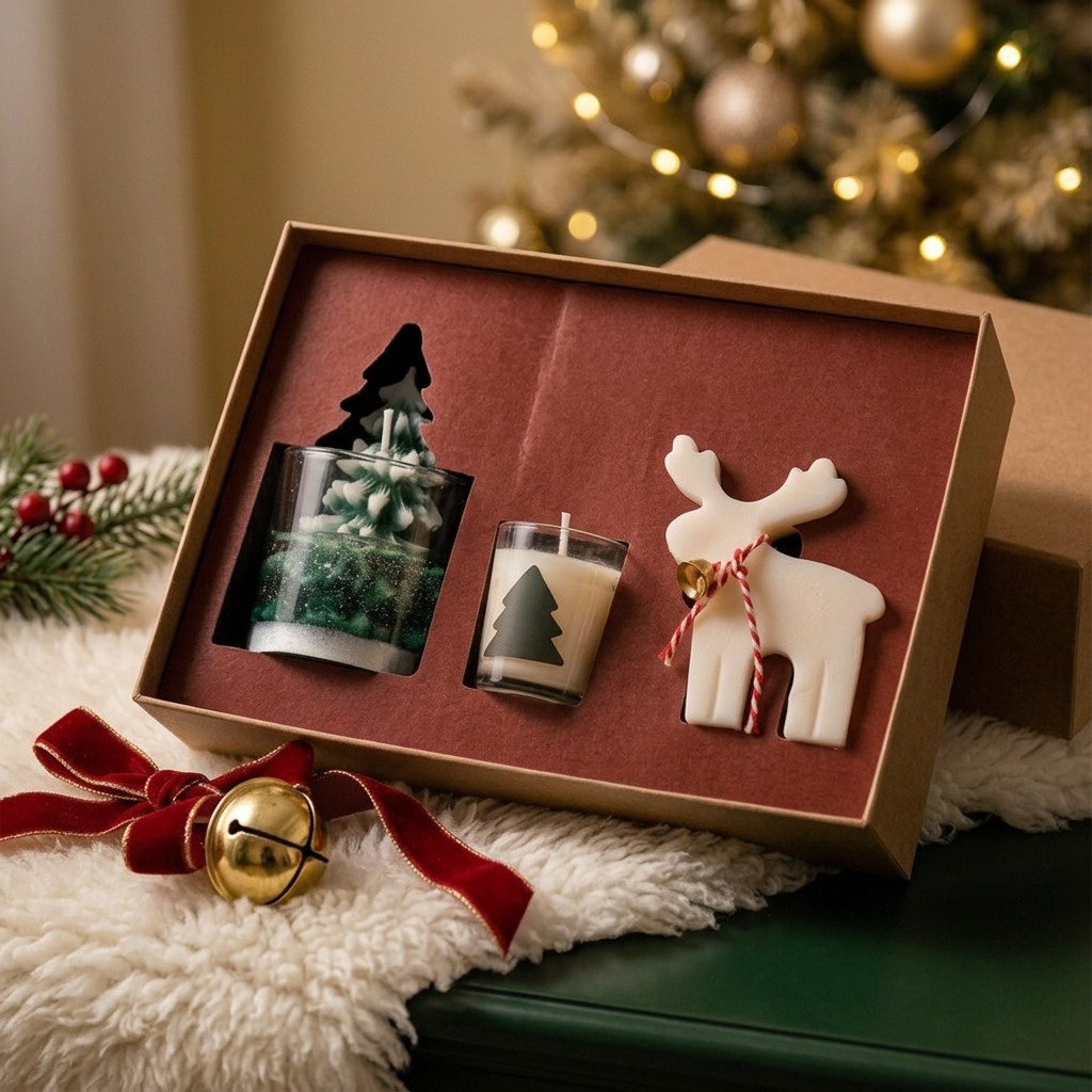 Christmas candle gift box in festive home setting
