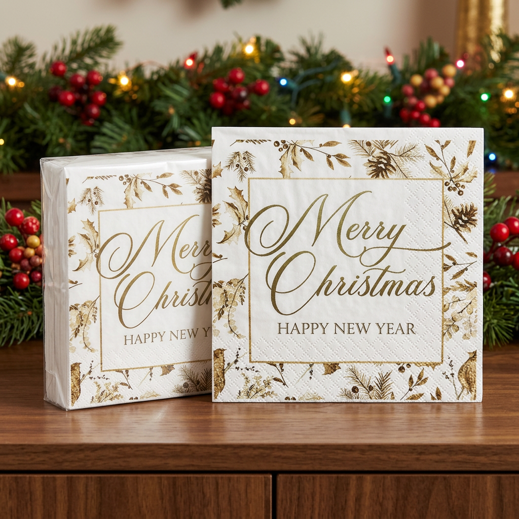 Christmas napkins displayed at a holiday buffet
