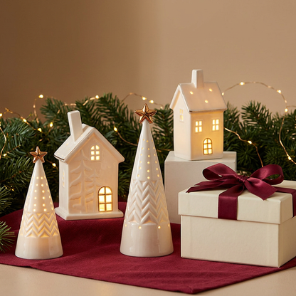 Ivory Christmas village tabletop styling