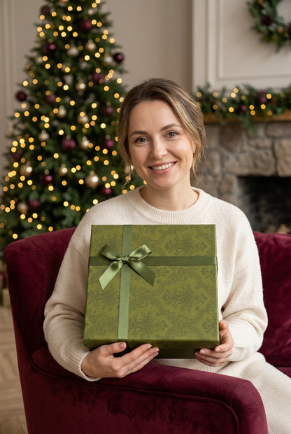 Woman in a cream sweater holding the olive-green Christmas soap gift box