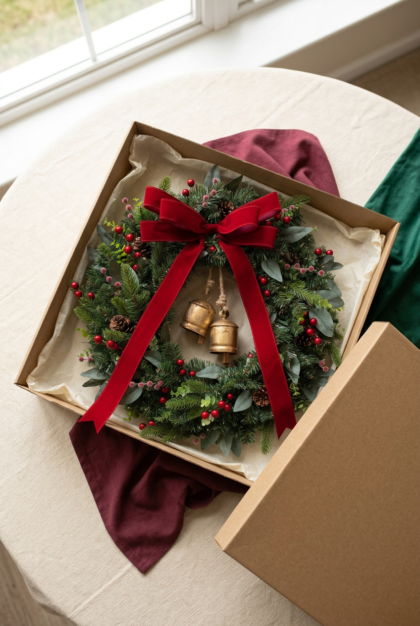 Packaging concept showing wreath in a plain kraft box with ivory tissue