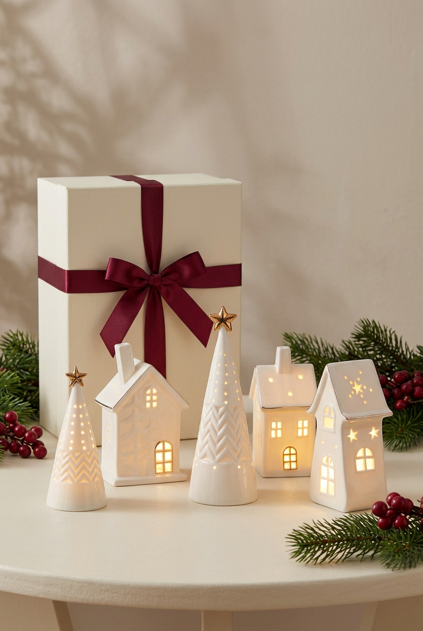 Christmas village with conceptual unbranded ivory gift packaging