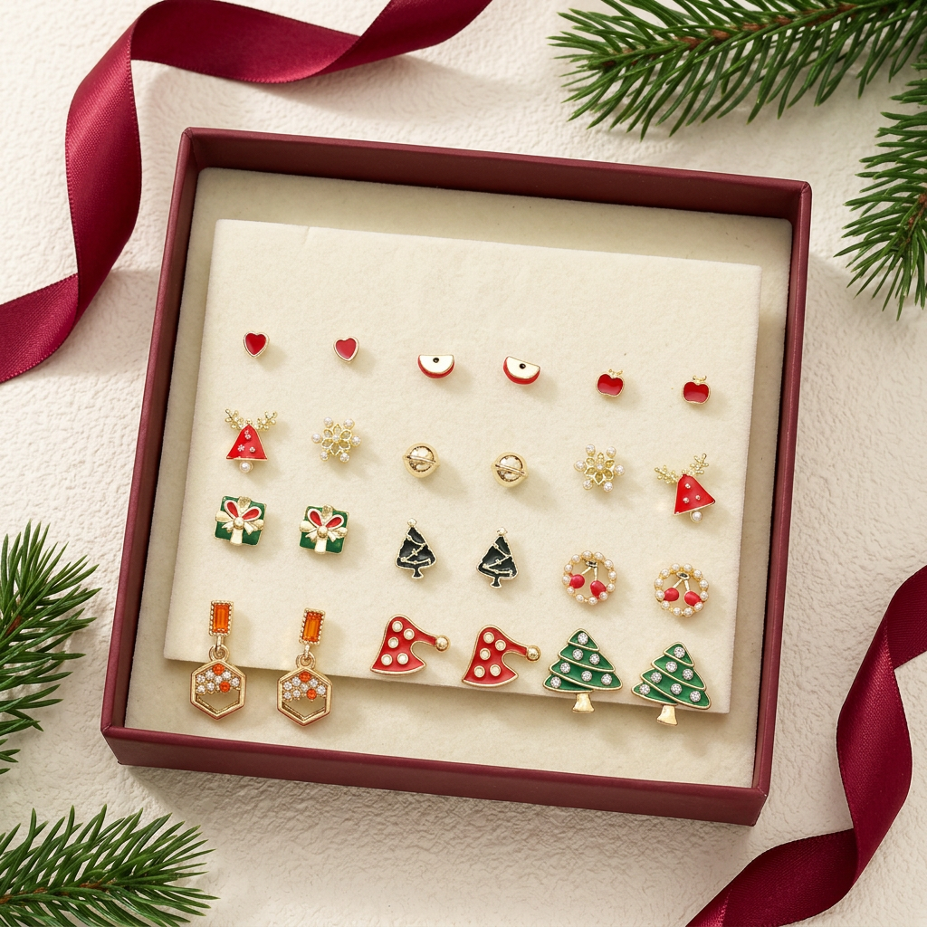 Christmas earring set flat lay with burgundy box