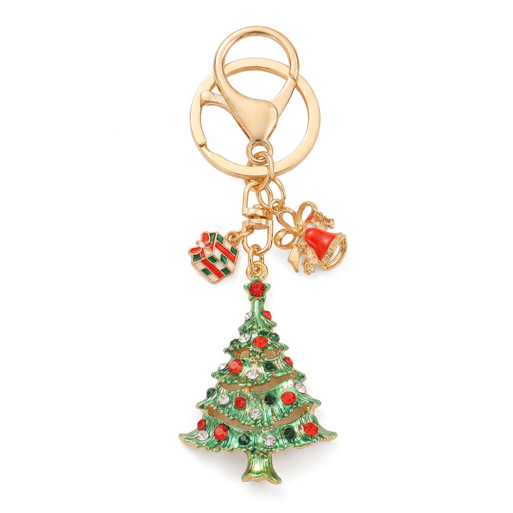 Christmas tree keychain on white background