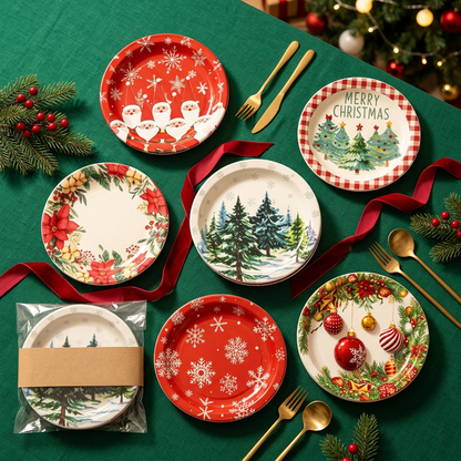 Overhead festive Christmas paper plate arrangement