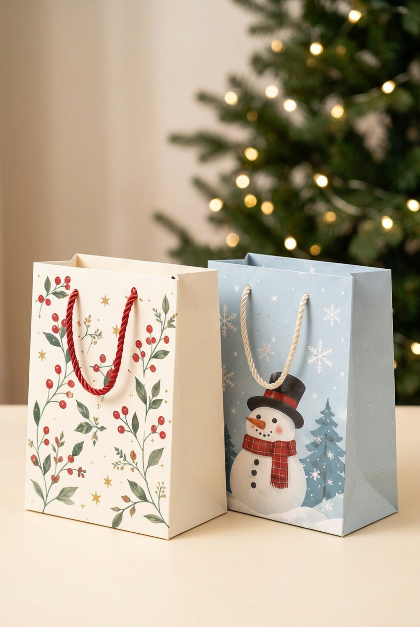 Christmas Stories Gift Bag Set with Rope Handles – Colorful Holiday Gift Packaging with Snowy Village, Woodland Deer, Holly, Ornament & Snowman Designs