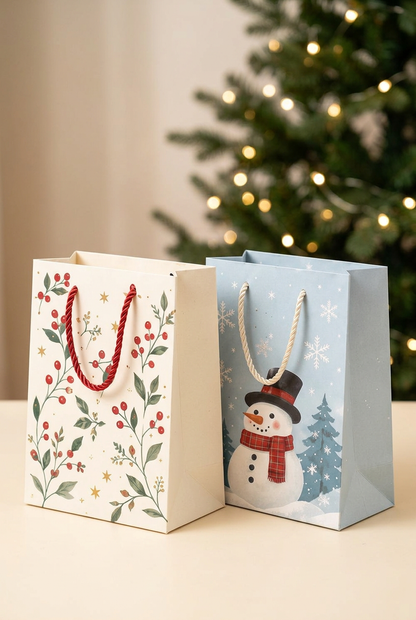 Christmas Stories Gift Bag Set with Rope Handles – Colorful Holiday Gift Packaging with Snowy Village, Woodland Deer, Holly, Ornament & Snowman Designs