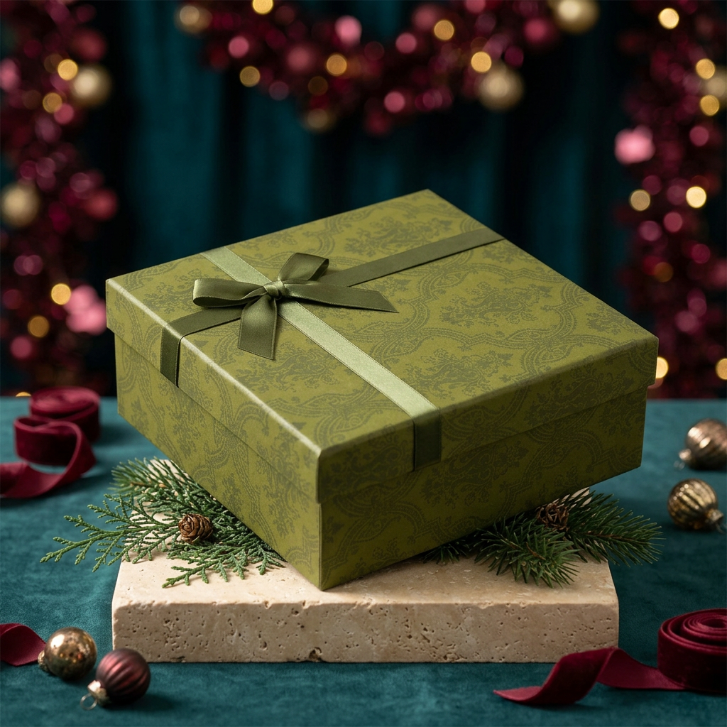 Olive-green Christmas soap gift box on a pale stone pedestal