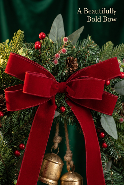 Close-up of oversized crimson bow with defined ribbon edges