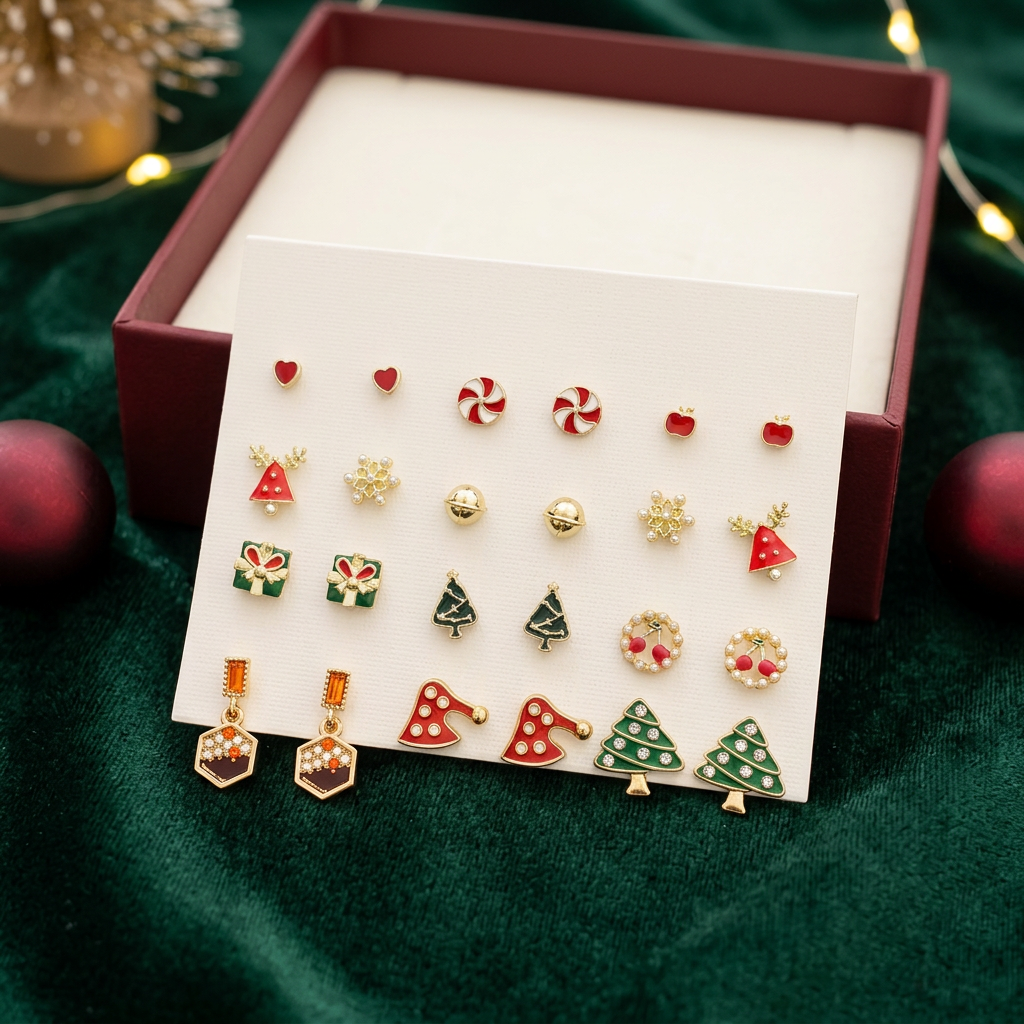 Christmas earring collection with evergreen and gold holiday accents