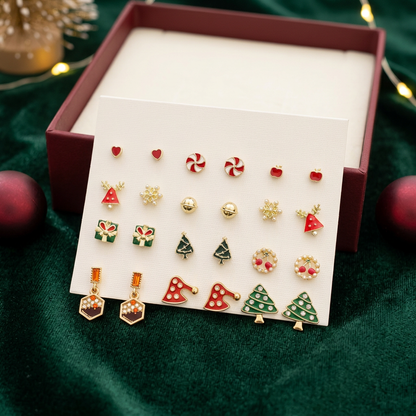 Christmas earring collection with evergreen and gold holiday accents