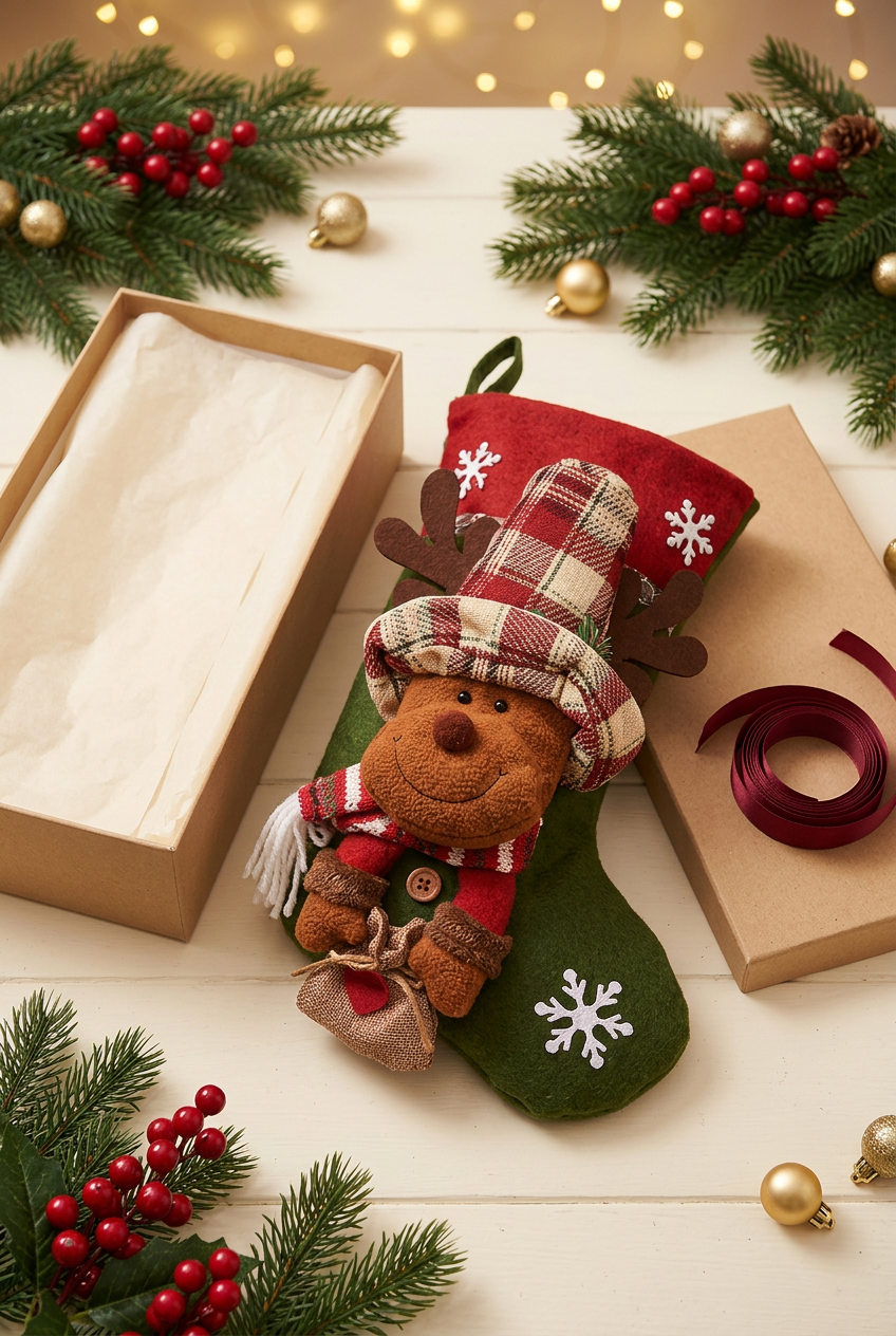 Reindeer stocking with unbranded kraft box and burgundy ribbon packaging concept