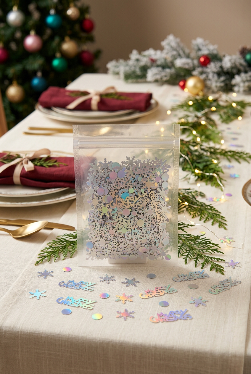 Iridescent Christmas confetti styled on a festive holiday table