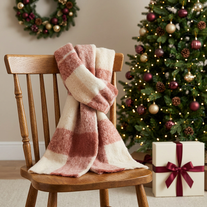Cream and dusty rose check scarf draped over a wooden chair beside a Christmas tree