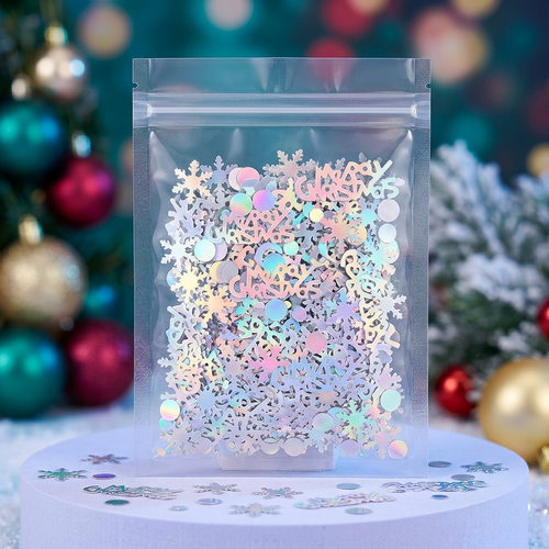 Iridescent Christmas confetti in a clear unbranded resealable pouch with colorful festive styling