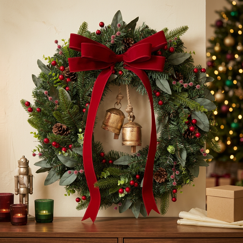 Christmas wreath styled above a wooden console against a warm ivory wall