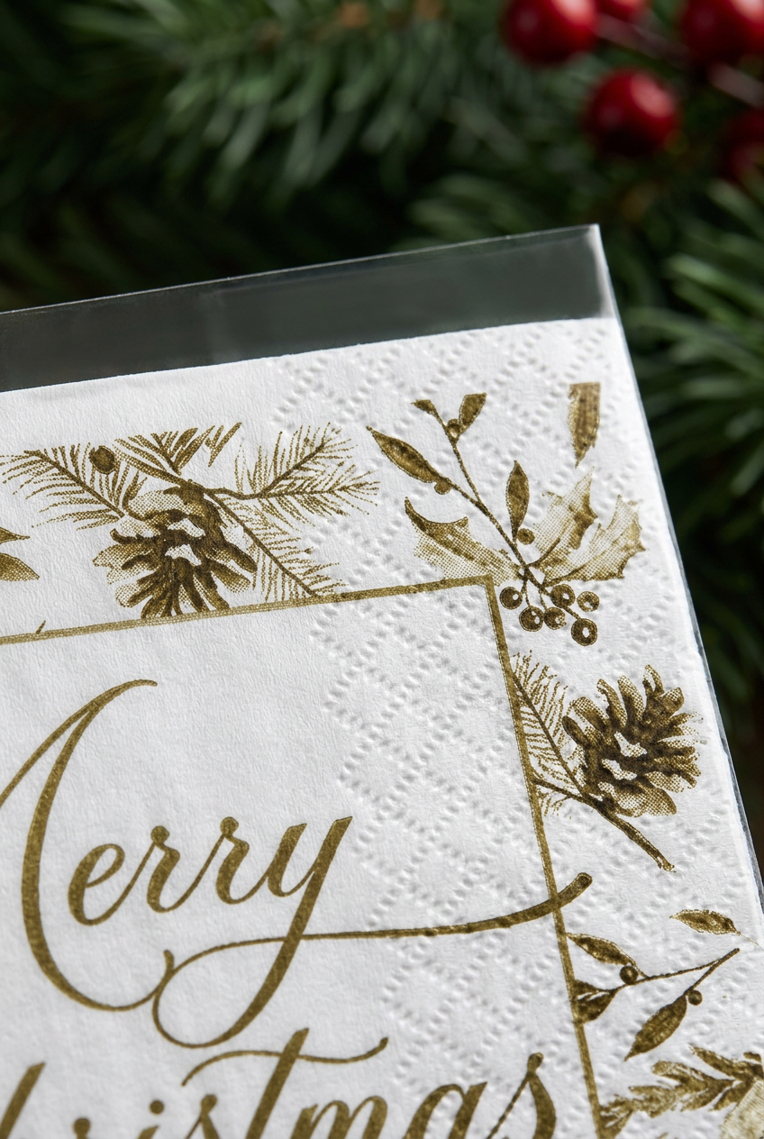 Close-up of Christmas napkin botanical print and embossed texture