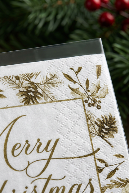 Close-up of Christmas napkin botanical print and embossed texture