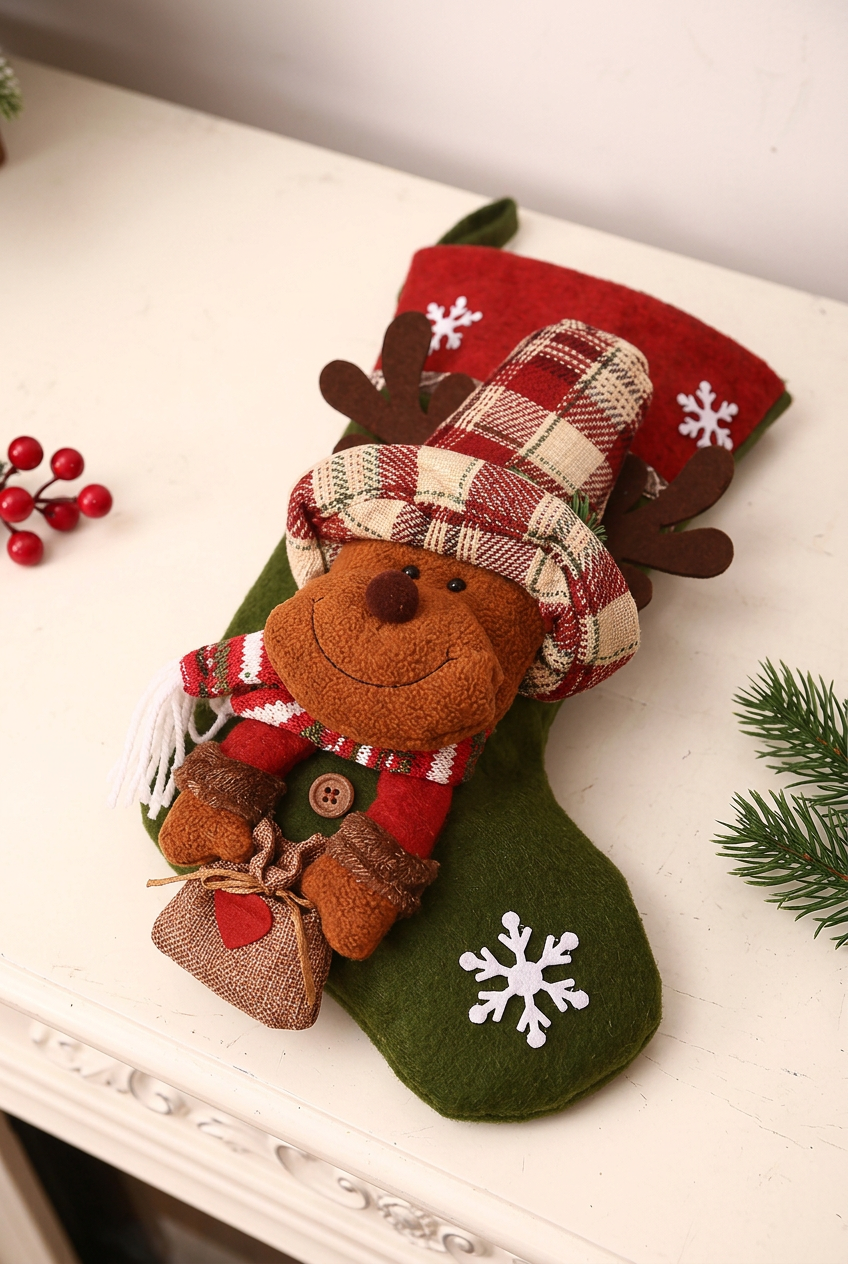Green stocking body and dimensional reindeer details