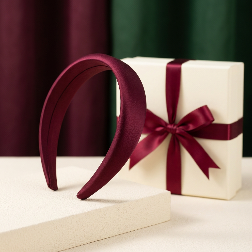 Burgundy headband angled on a cream riser with matching unbranded gift packaging