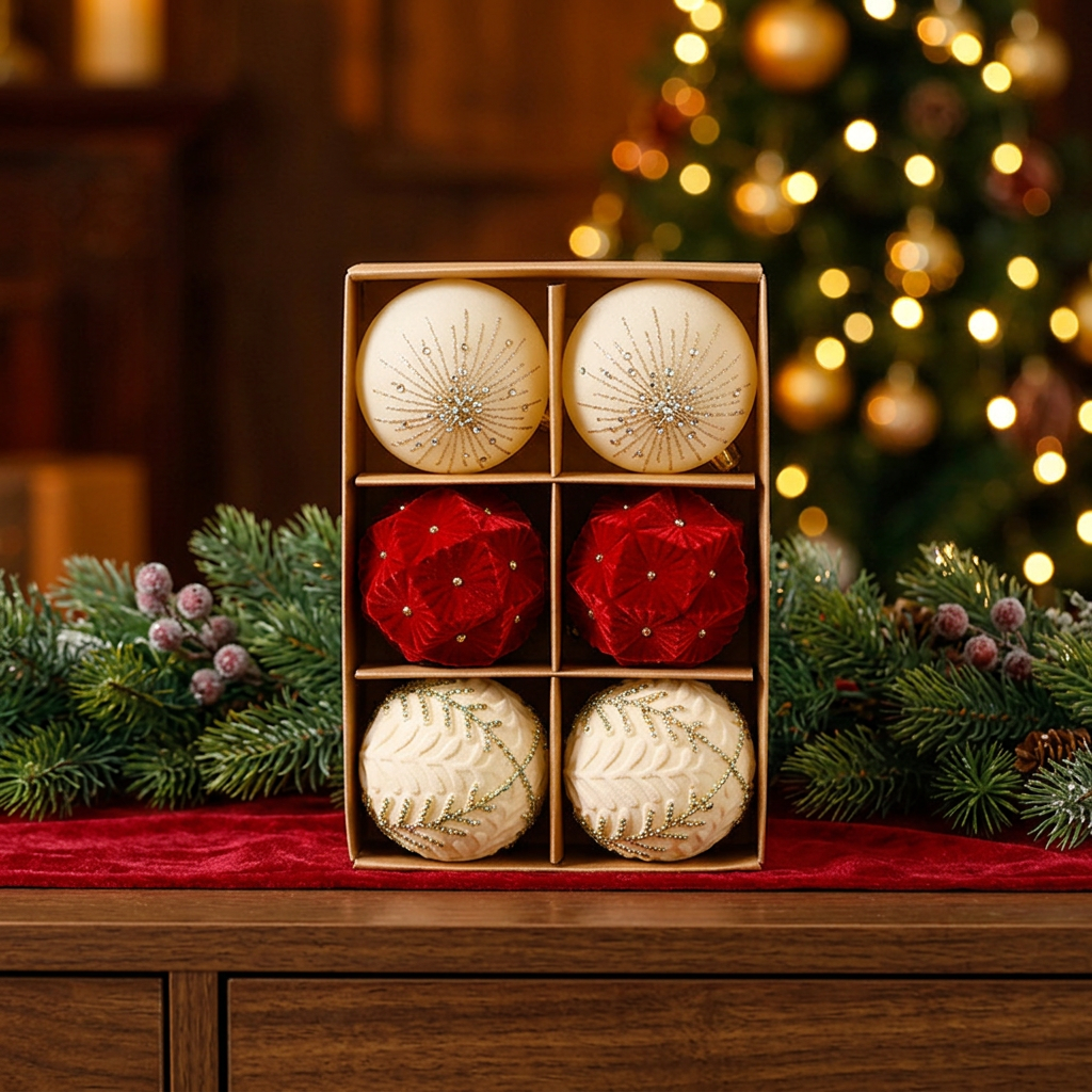 Coordinated six-piece Christmas bauble set in a holiday interior