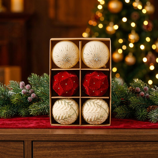 Coordinated six-piece Christmas bauble set in a holiday interior