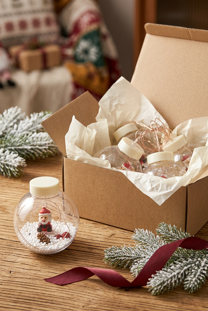 Illustrative unbranded kraft packaging design with Santa globe lights