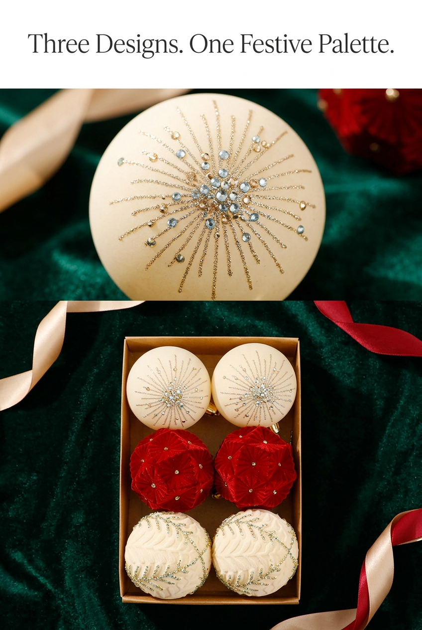 Christmas ornament detail image highlighting three coordinated designs