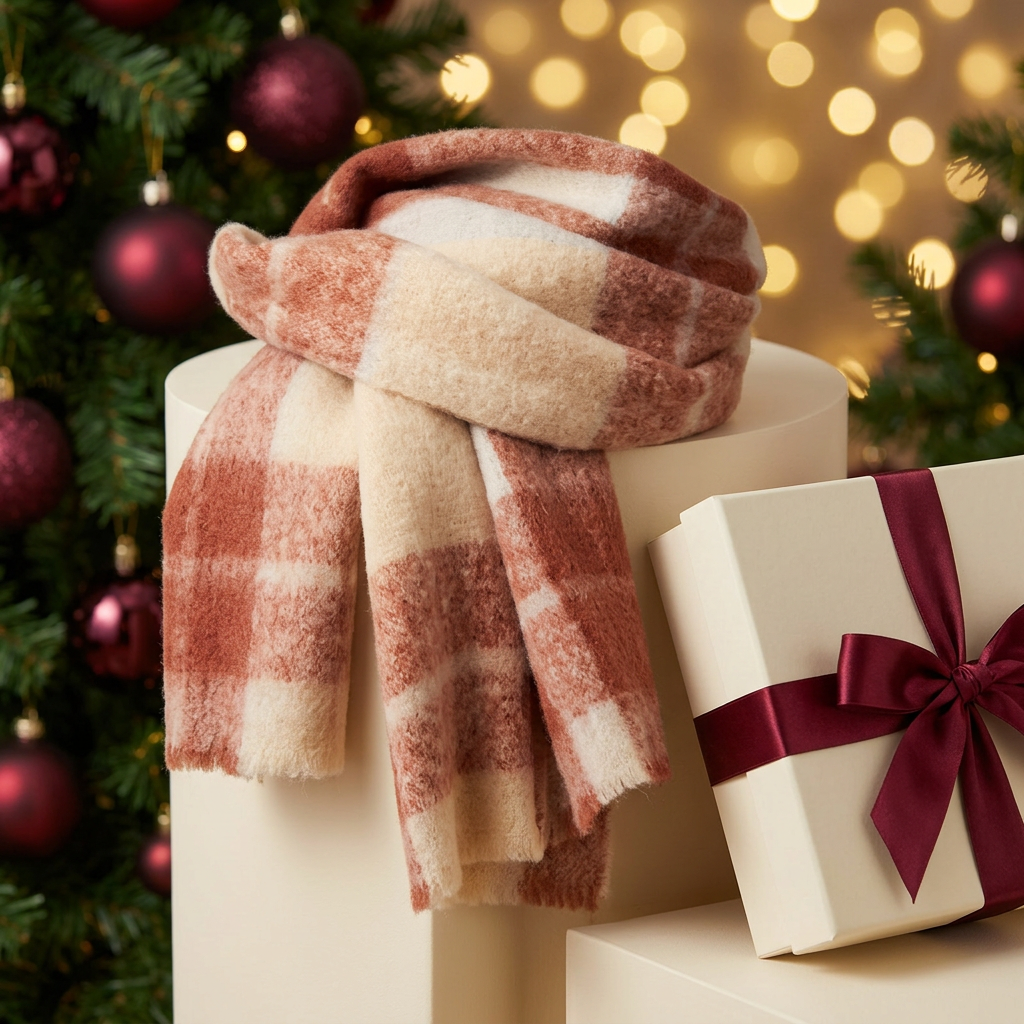 Cream and dusty rose check scarf beside an unbranded ivory gift box with burgundy ribbon in a Christmas setting
