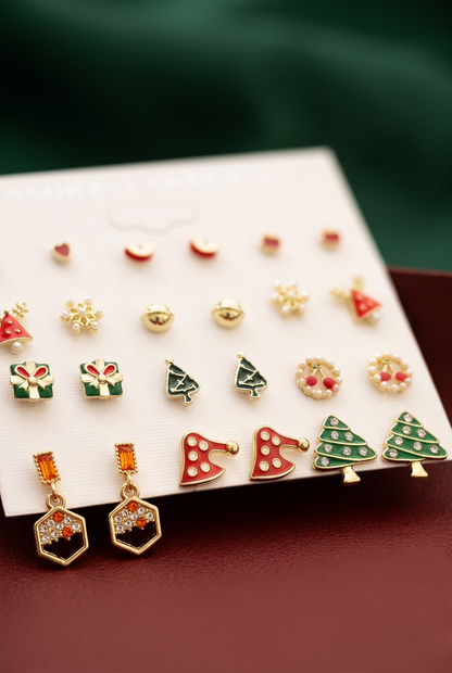 Close-up of festive tree gift and wreath earring motifs