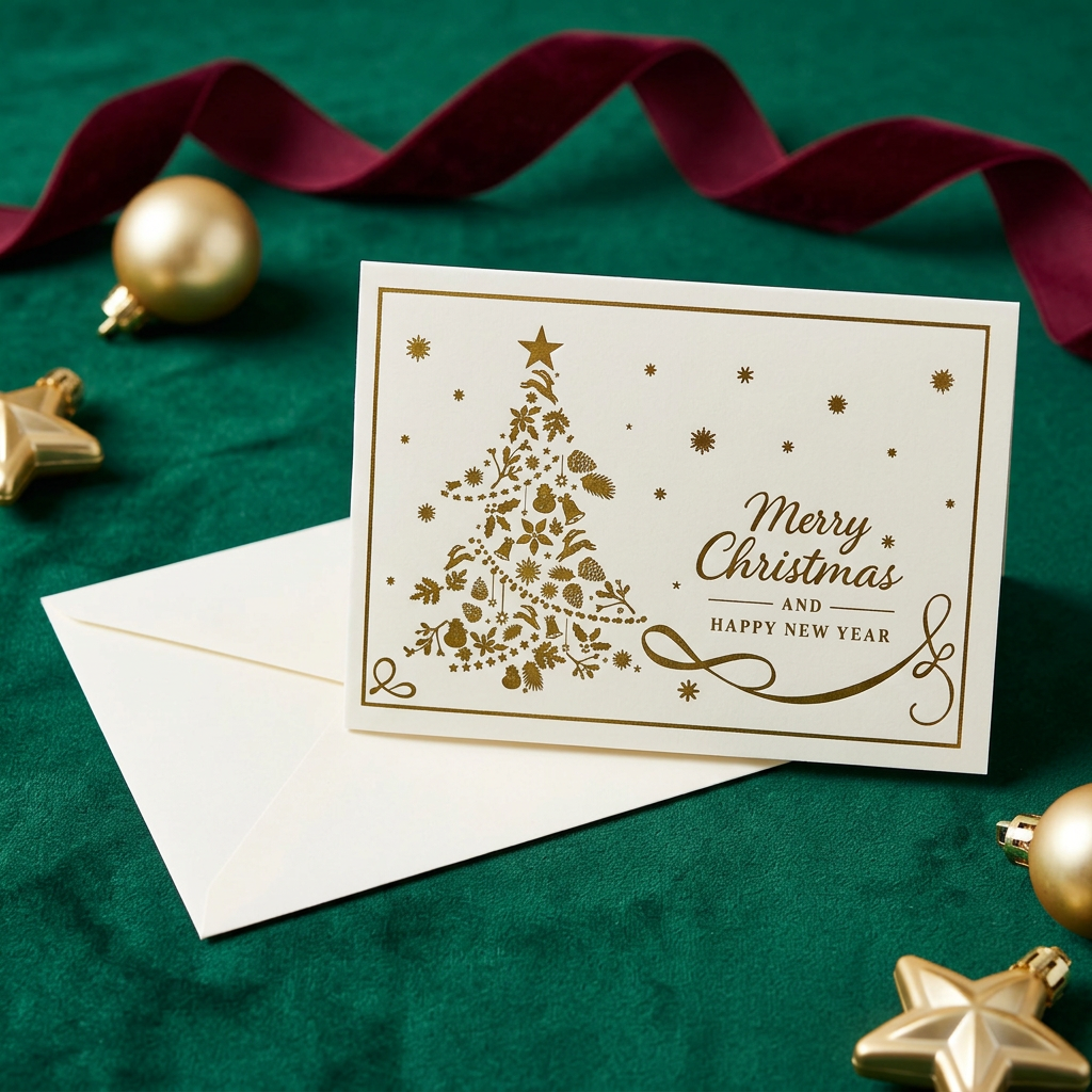 Closed Christmas greeting card with gold tree illustration and plain ivory envelope